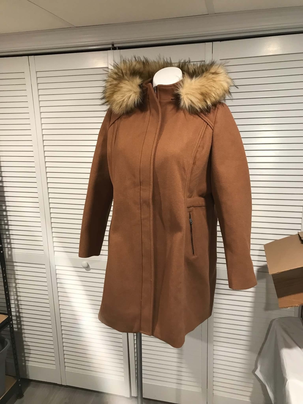Women's Camel Trench Coat with Faux-Fur Hood